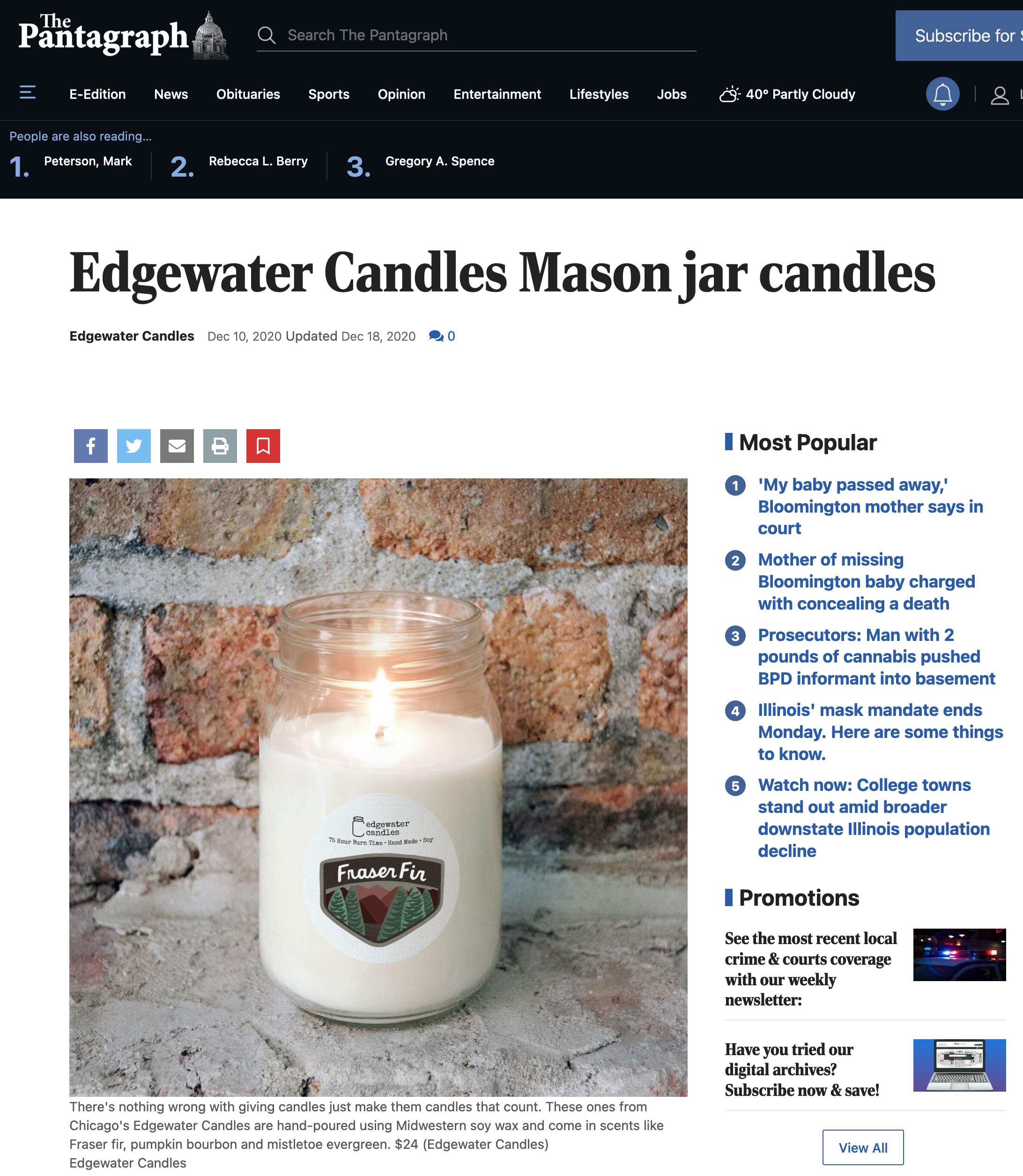Pantagraph Newspaper highlights our Fraser Fir candle